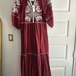 Anthropologie Burgundy Embroidered Dress